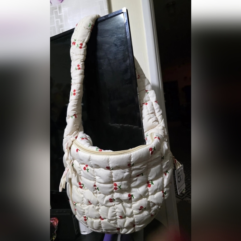 Bundle Of 5, Cherry Patterned Cream Quilted Shoulder Bag